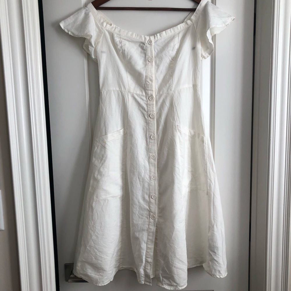 🛍️ 2/$15 Forever 21 White Linen Dress Off The Shoulder Flutter Sleeves Size S